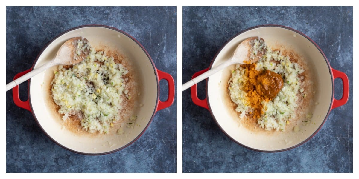 The base of the turkey curry in a frying pan.