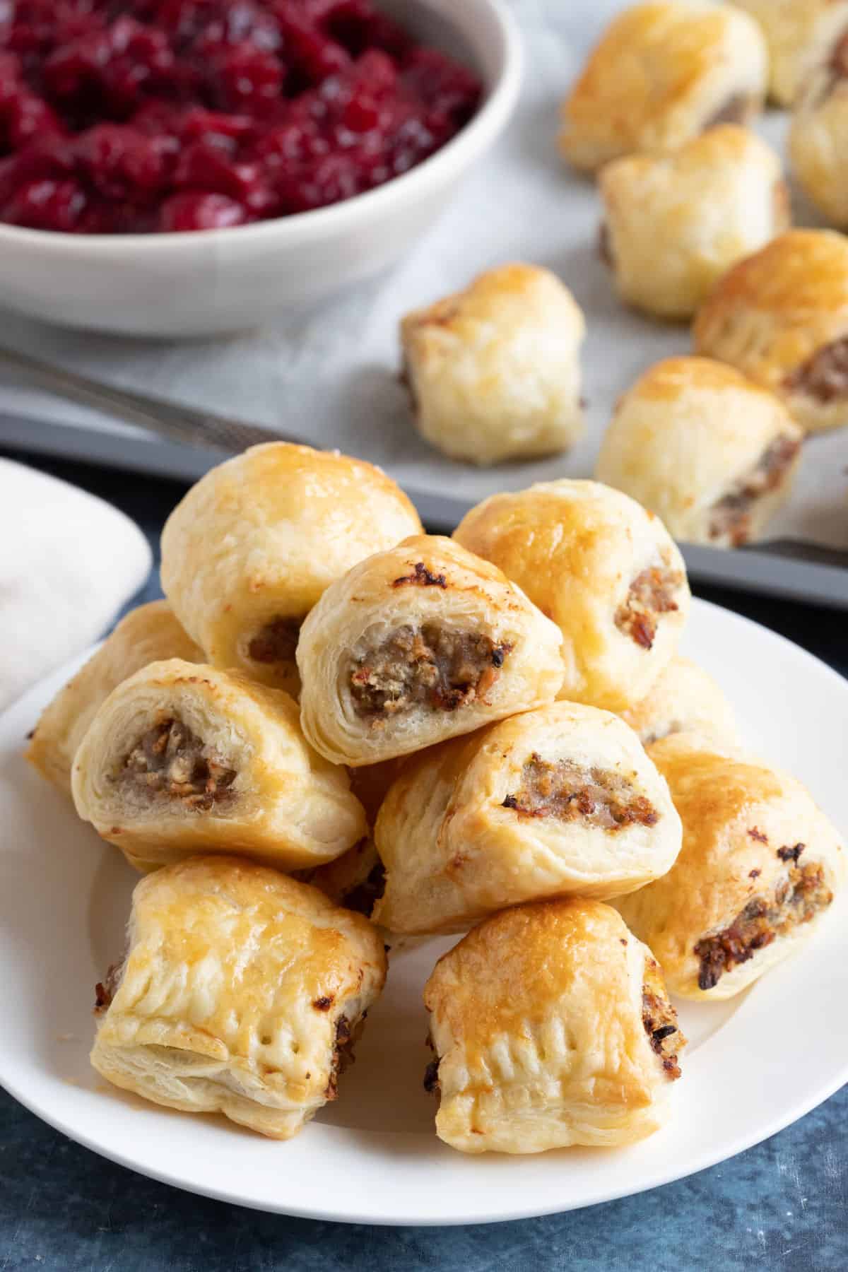 A plate of cocktail sausage rolls.