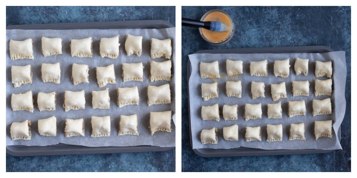 Glazing and baking mini sausage rolls.