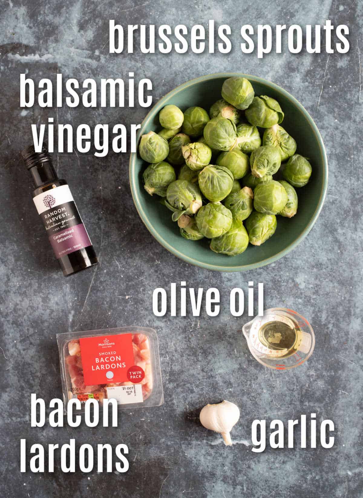 Ingredients for pan fried Brussels sprouts with bacon.