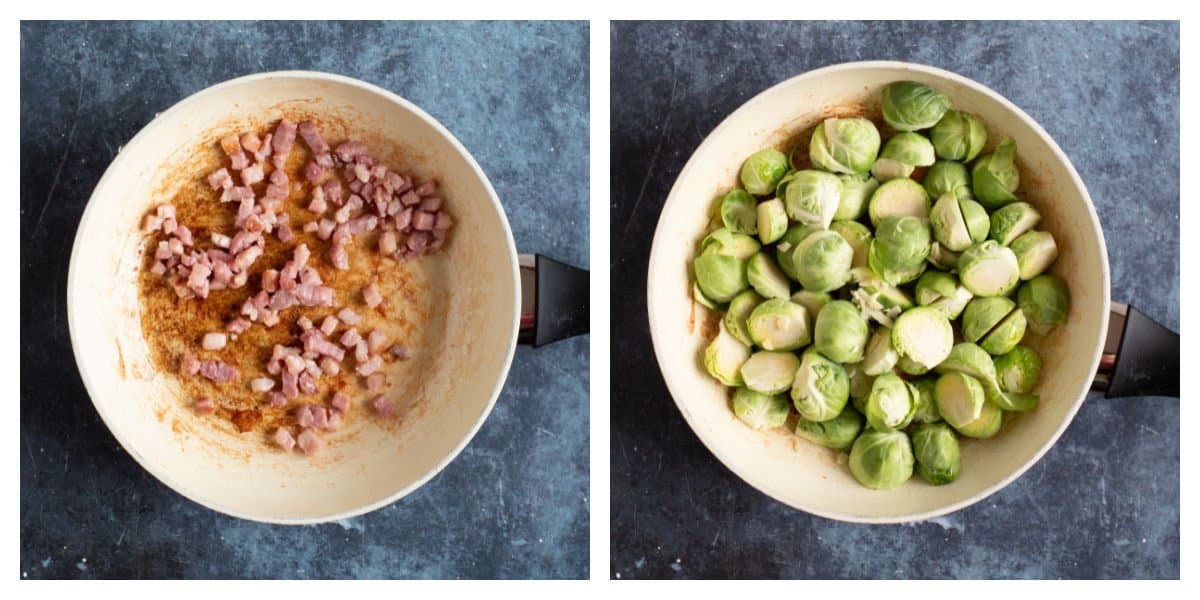Pan frying Brussels sprouts.