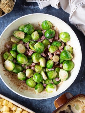 Pan-fried Brussels Sprouts with bacon.