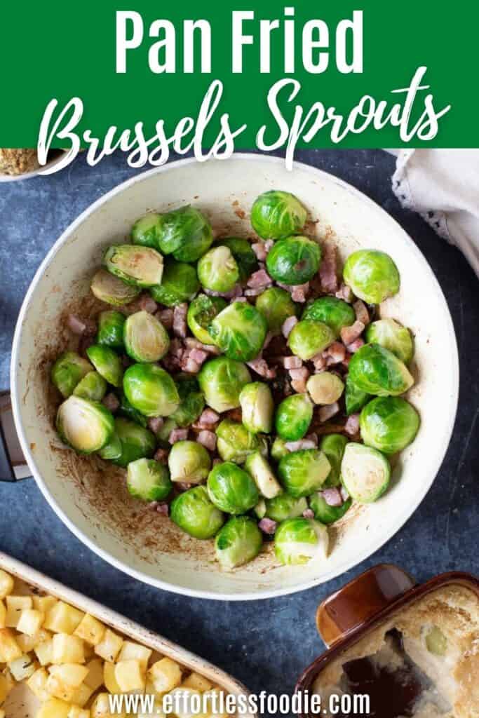 Pan fried brussels sprouts pin image.