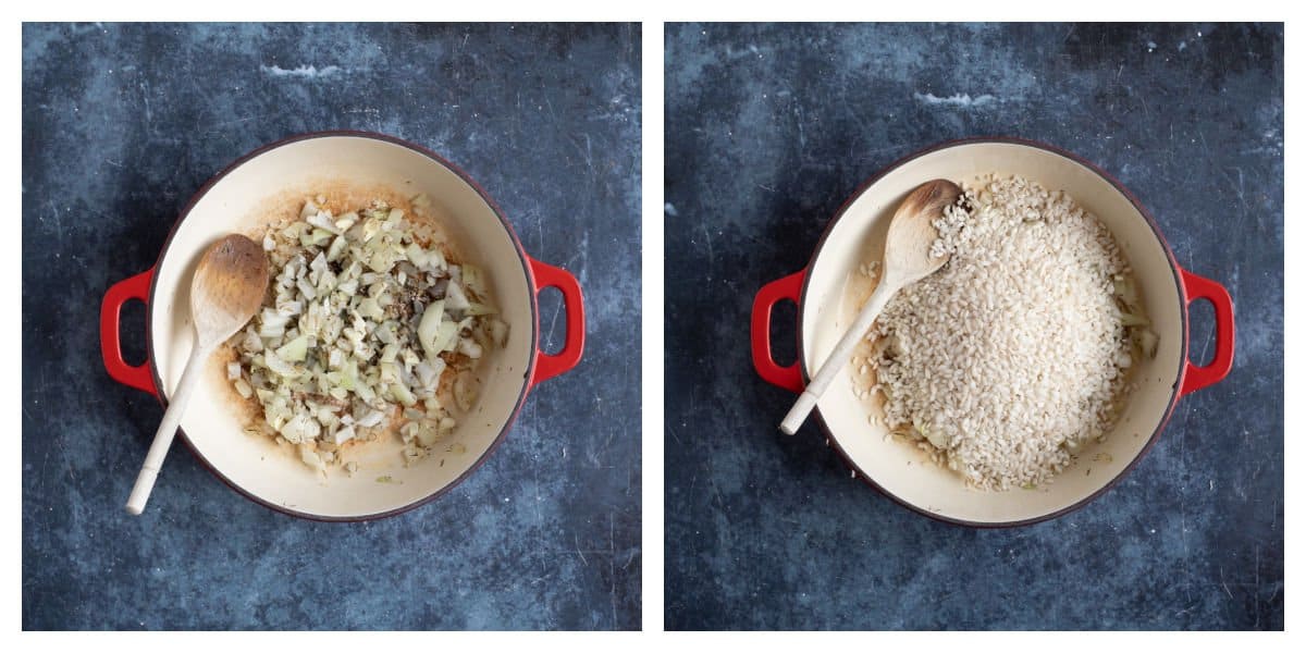 Cooking the onions and garlic, then adding the risotto rice.