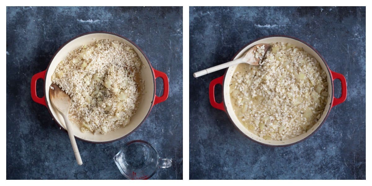 Adding stock to the risotto.