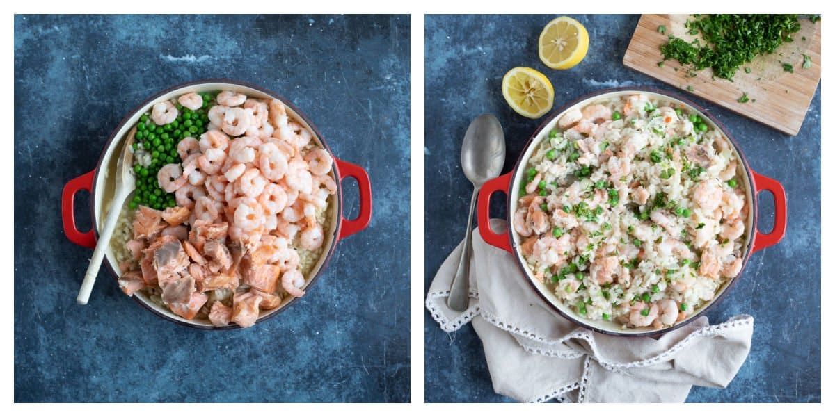 Adding the prawns, peas and salmon to the risotto at the end of cooking.