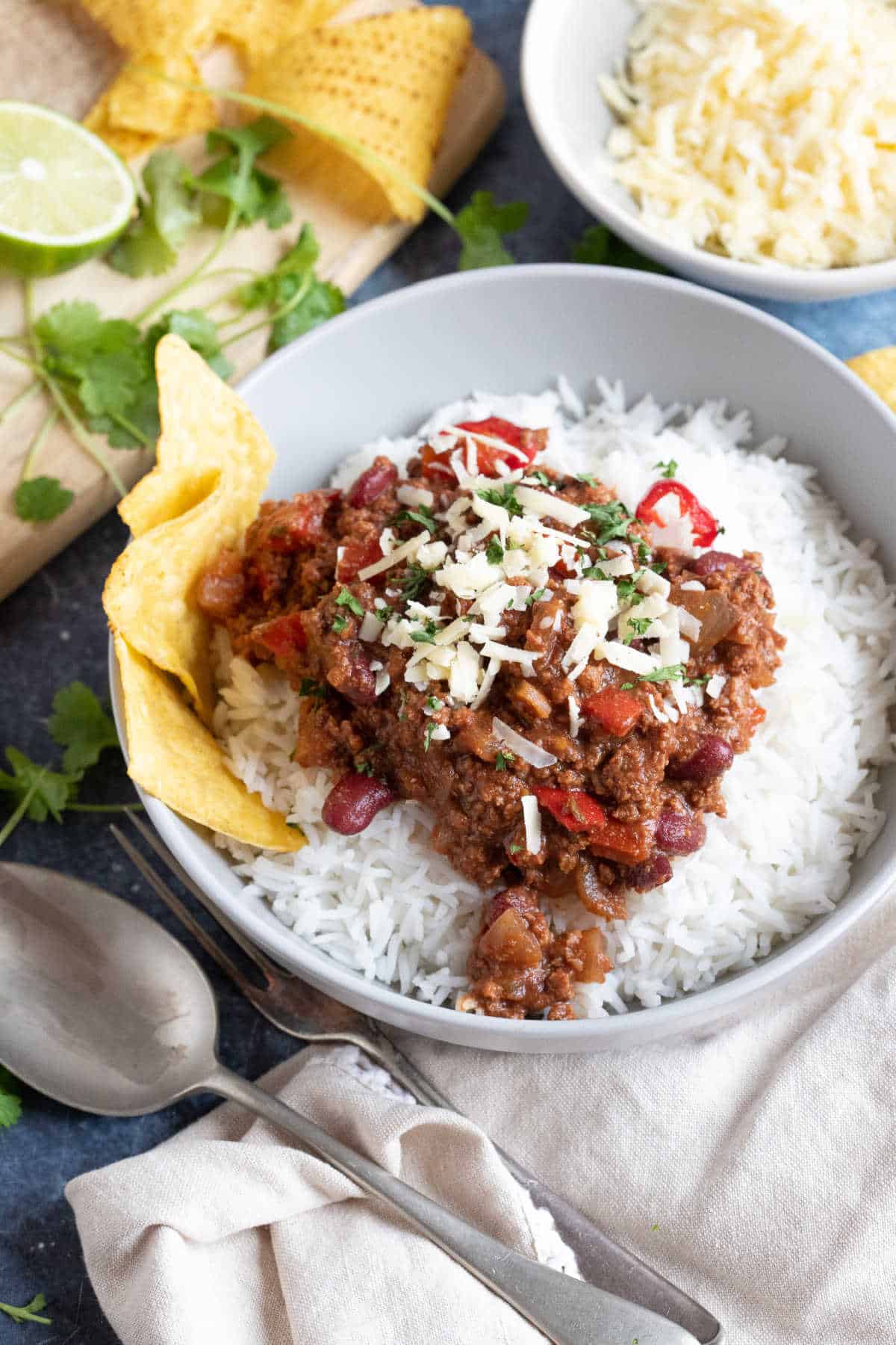 A bowl of chilli con carne made in the slow cooker.
