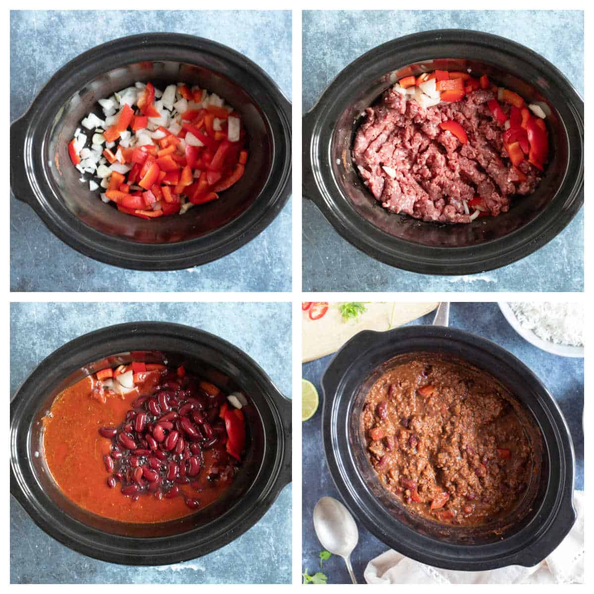 Step by step photo instructions for making chili con carne in a slow cooker.