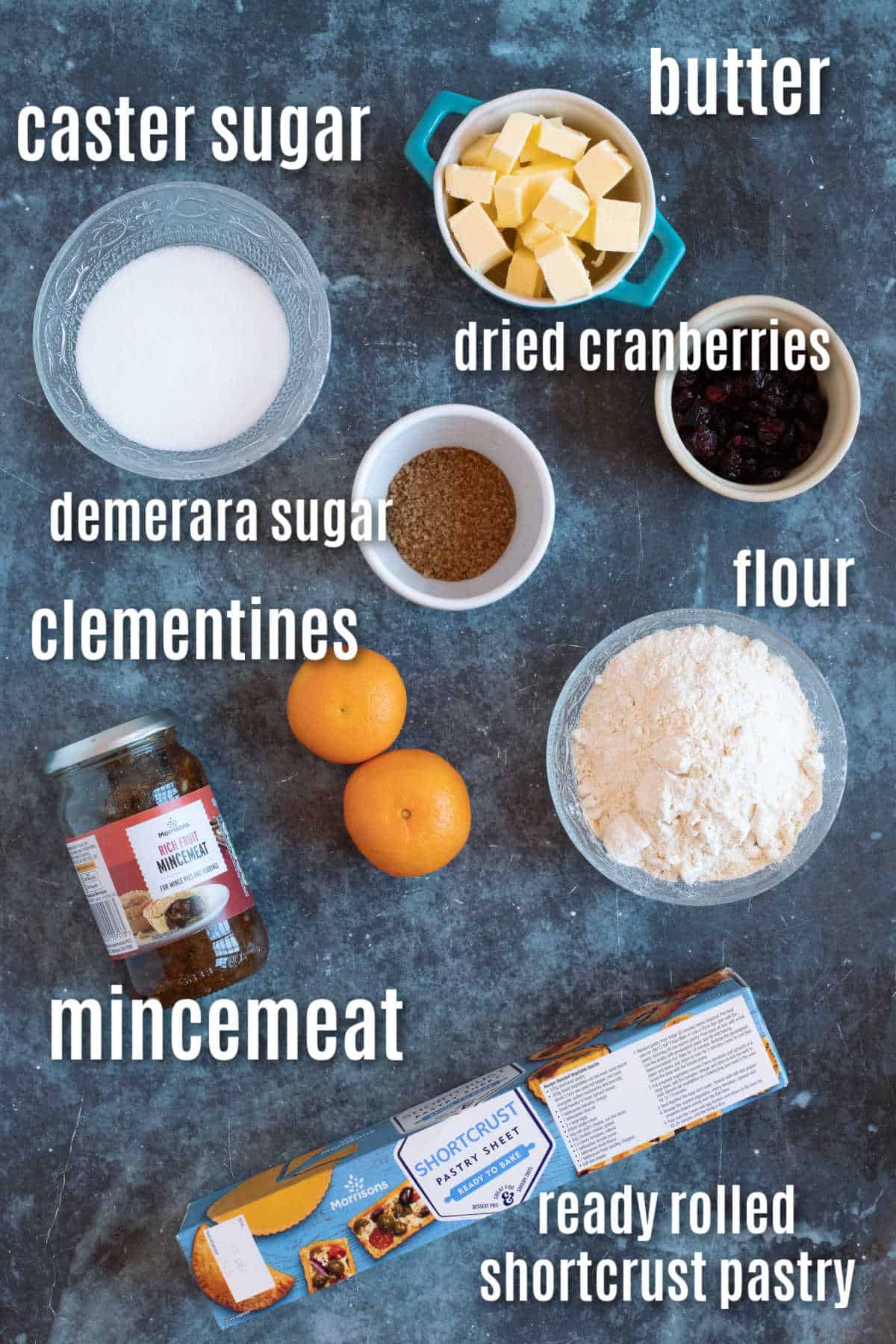 Ingredients for crumble topped mince pies.