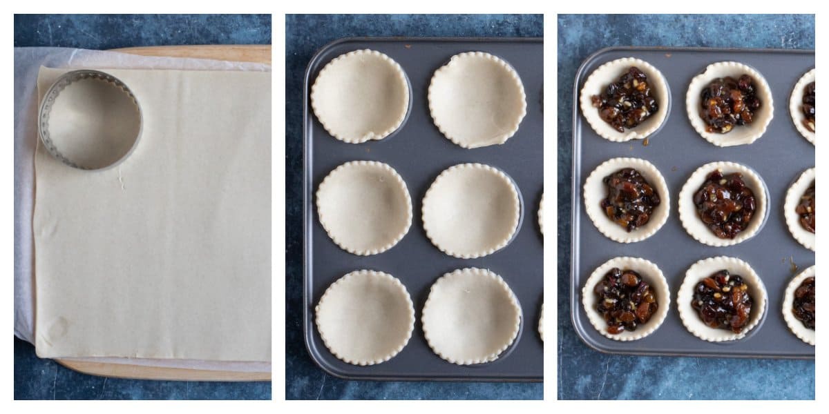 Filling pastry cases with mincemeat.