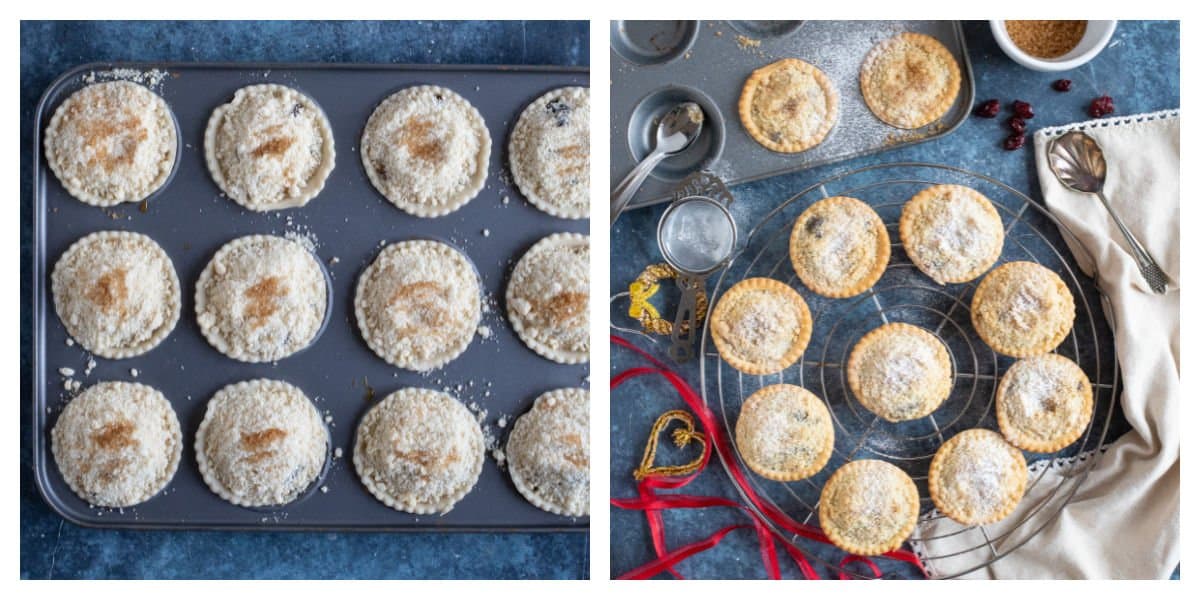 Crumble topped mince pies before and after baking.