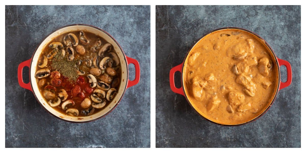 Finishing the pork stroganoff.