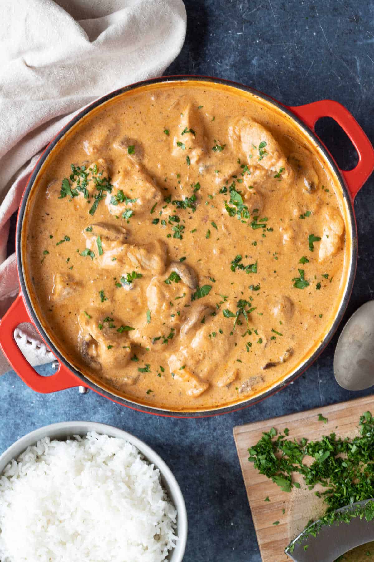 Pork and mushroom stroganoff with rice.