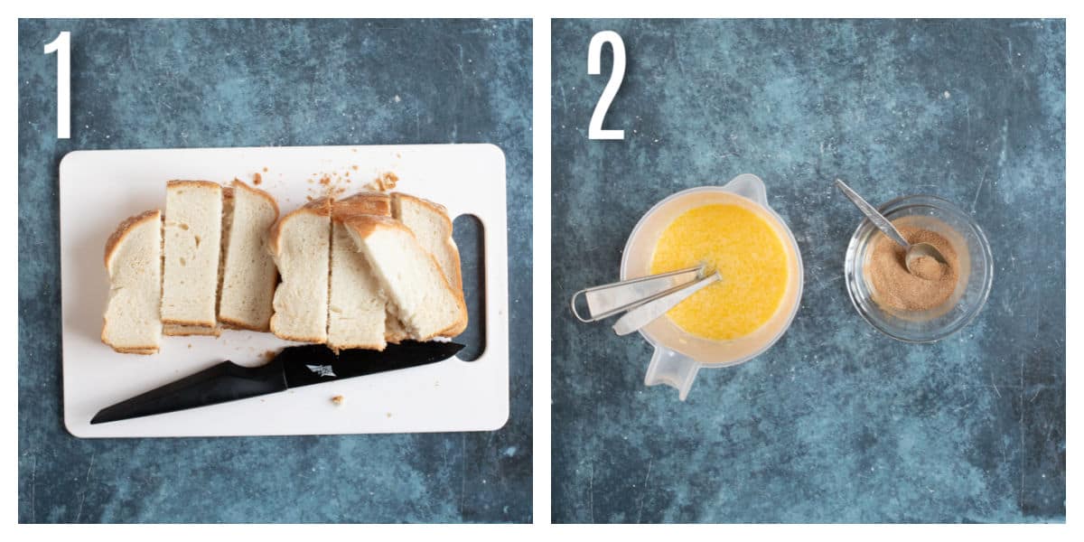 Cutting the stale bread into pieces and whisking the egg mixture process photos.