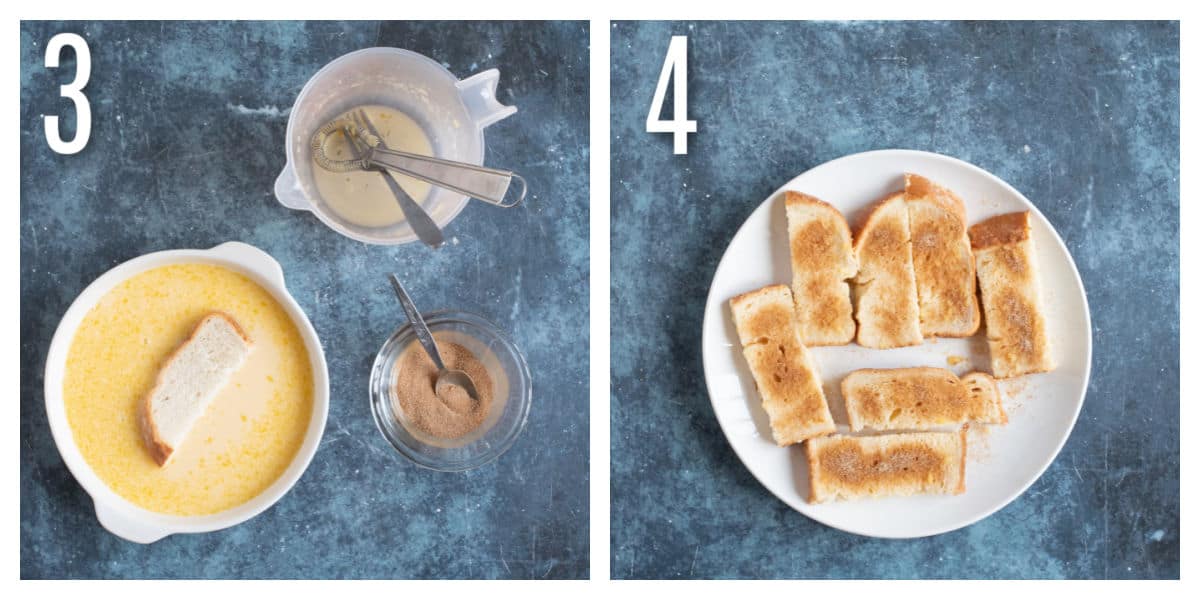 Soaking the bread slices in the egg mixture and sprinkling with cinnamon sugar process shots.