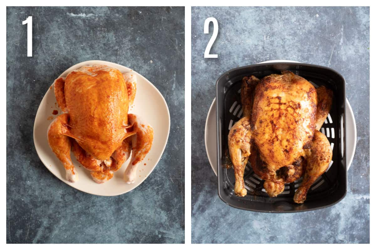 Step by step photo instructions for cooking a whole chicken in air fryer.