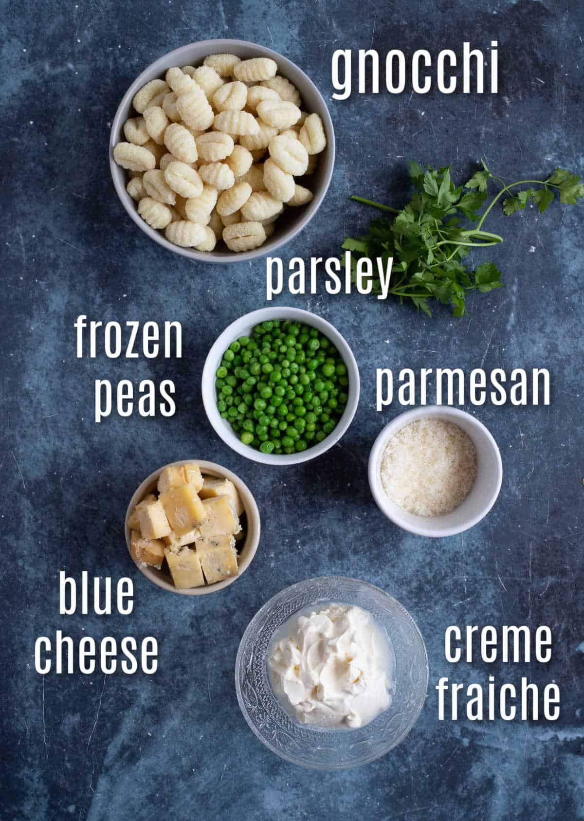 Ingredients needed to make blue cheese gnocchi.