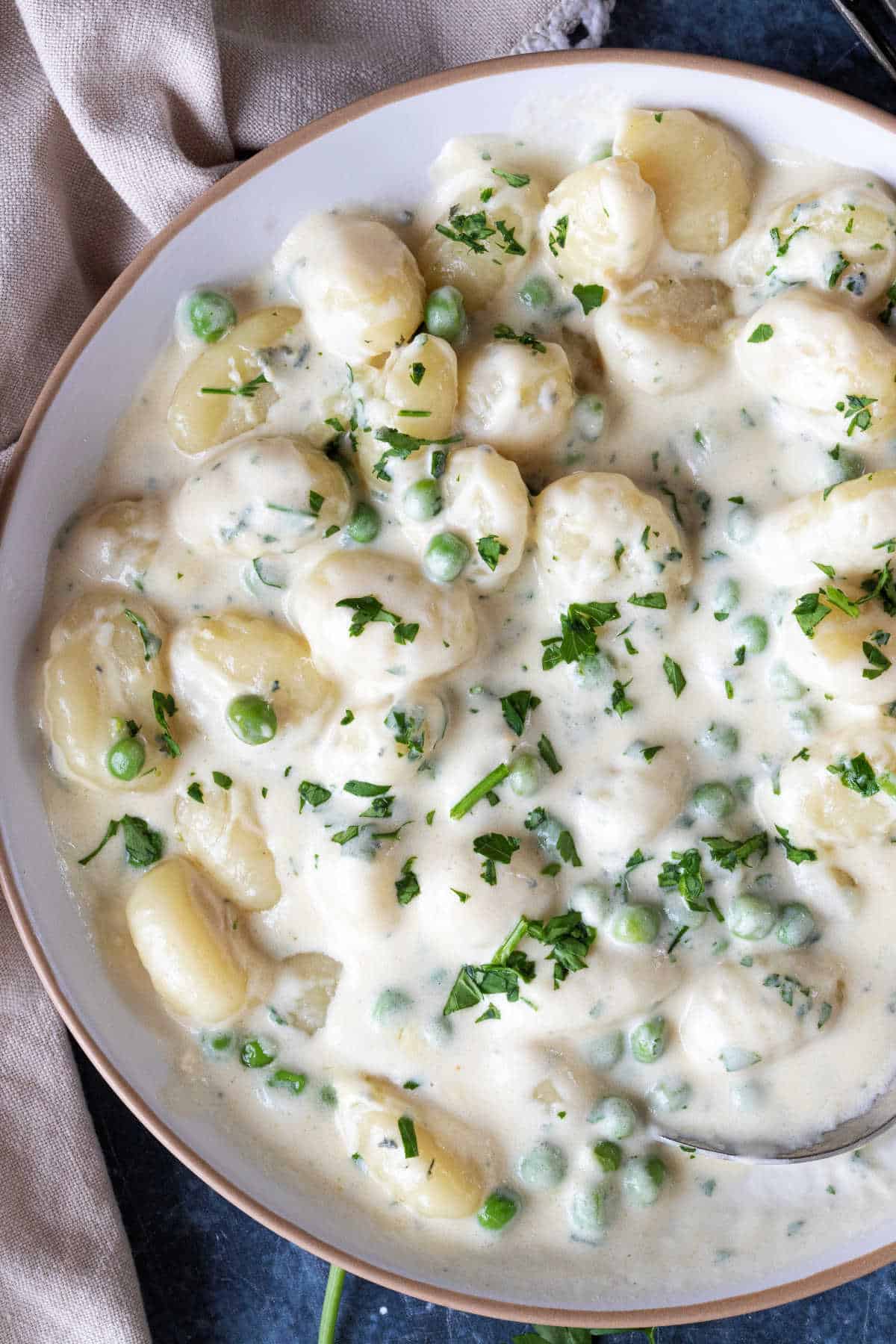 A plate of gnocchi with a creamy blue cheese sauce.