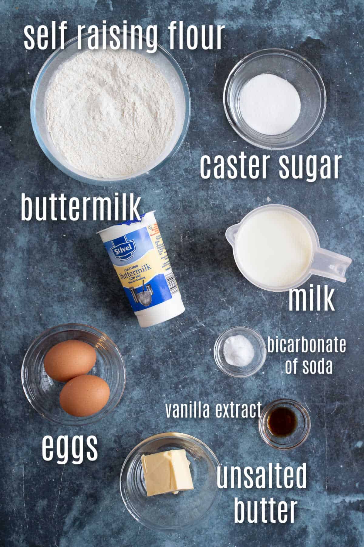 Ingredients needed to make buttermilk pancakes.