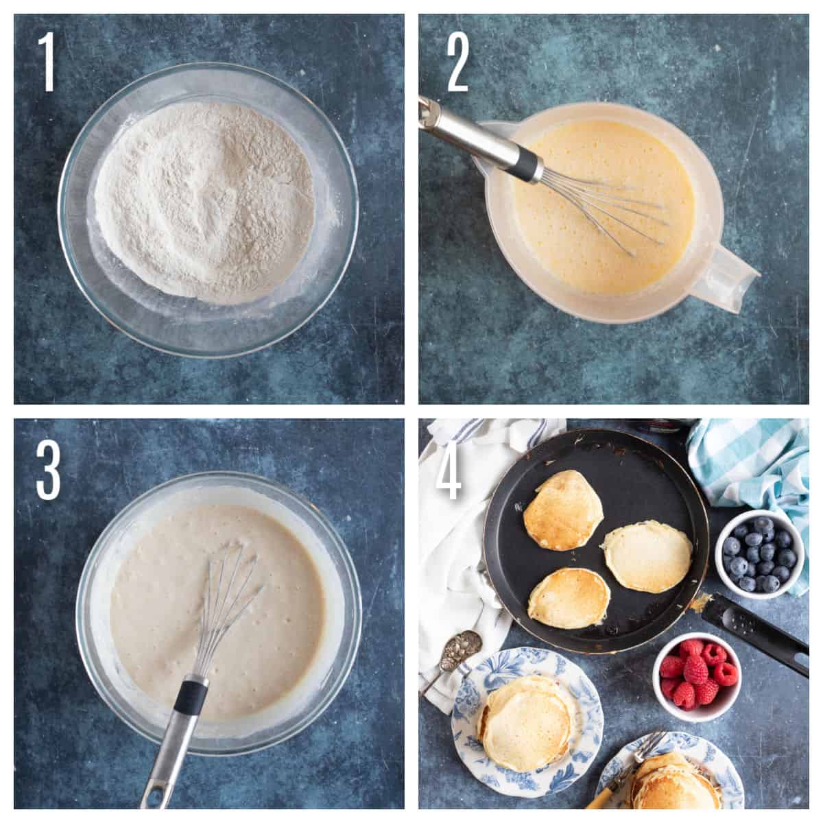 Step by step photo collage showing you how to make buttermilk pancakes from scratch.