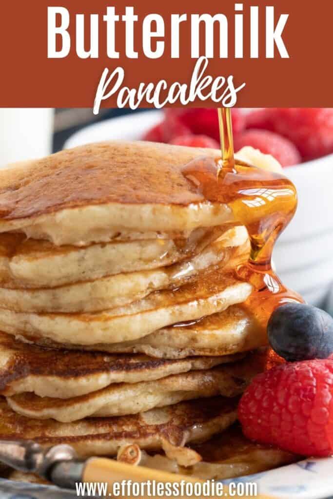 Buttermilk pancakes in a stack pin image.