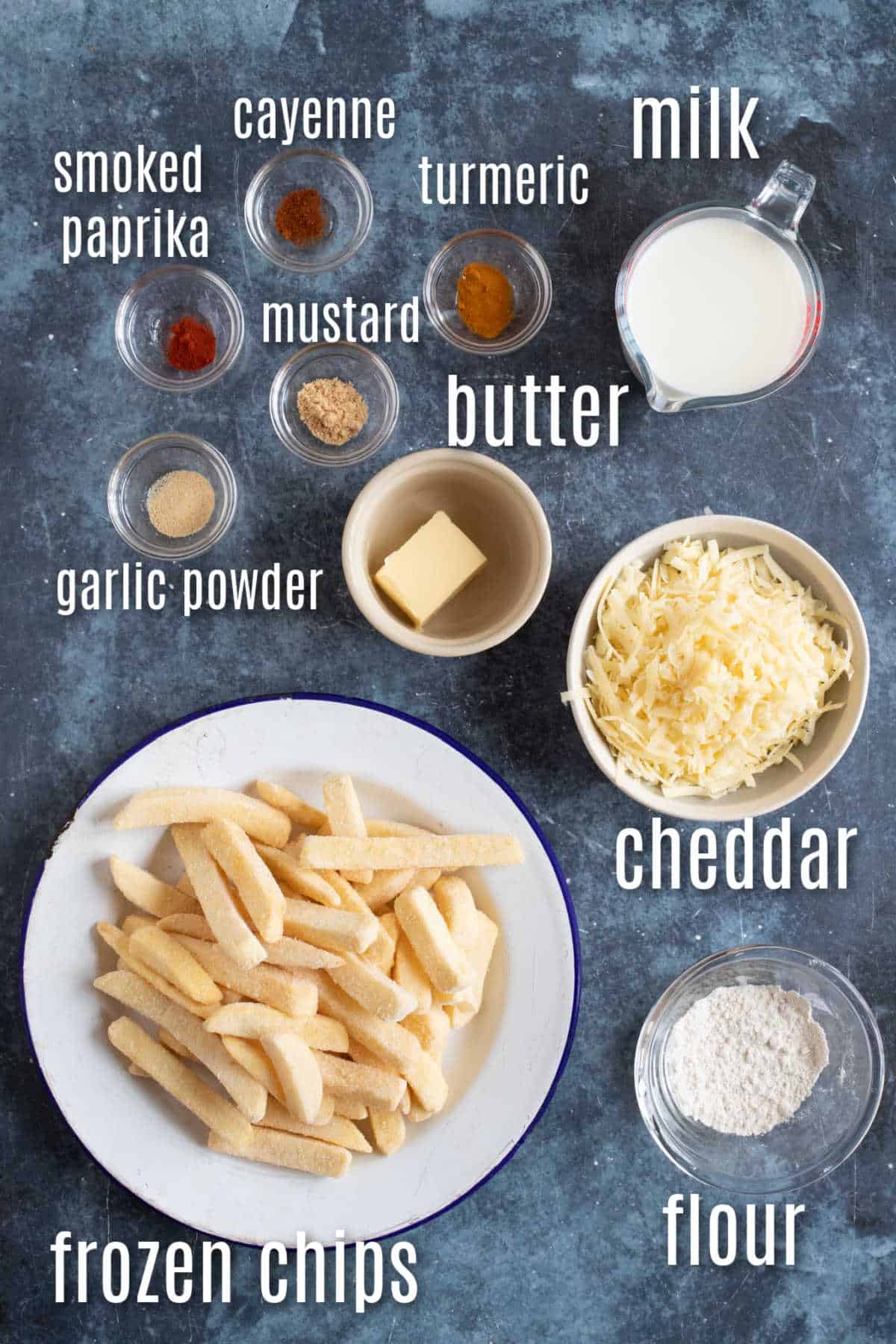 Ingredients needed to make cheesy chips.