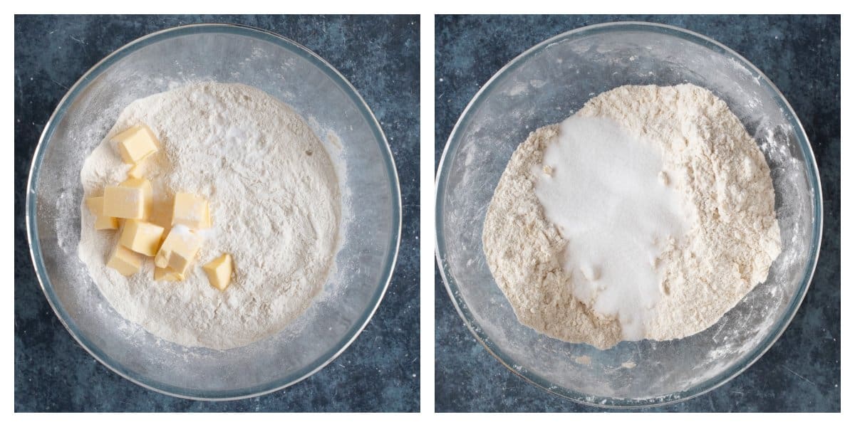 Rubbing the butter into the flour in a mixing bowl.