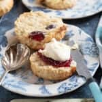 CHerry and almond scone with jam and clotted cream.