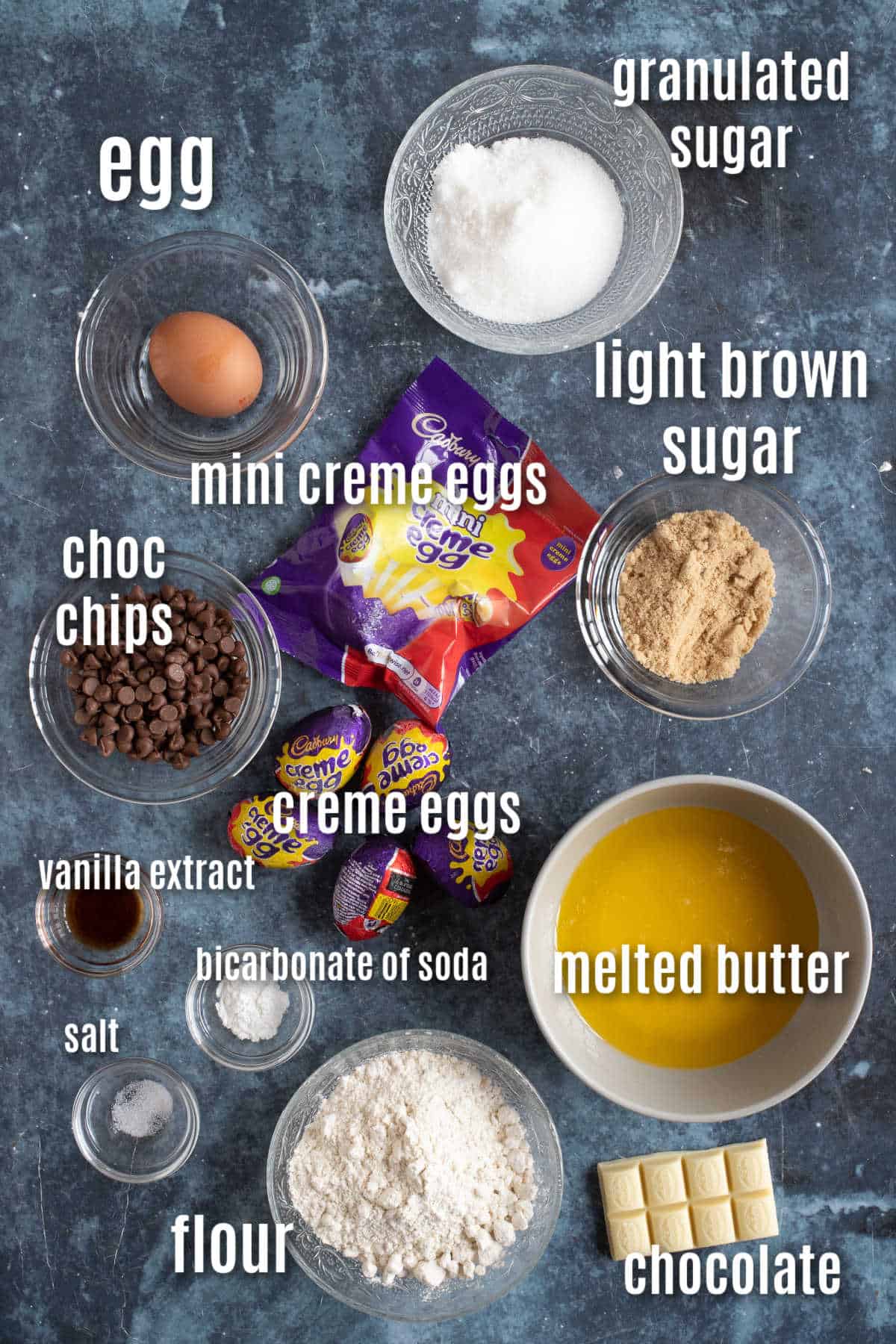 Ingredients needed to make creme egg blondies.