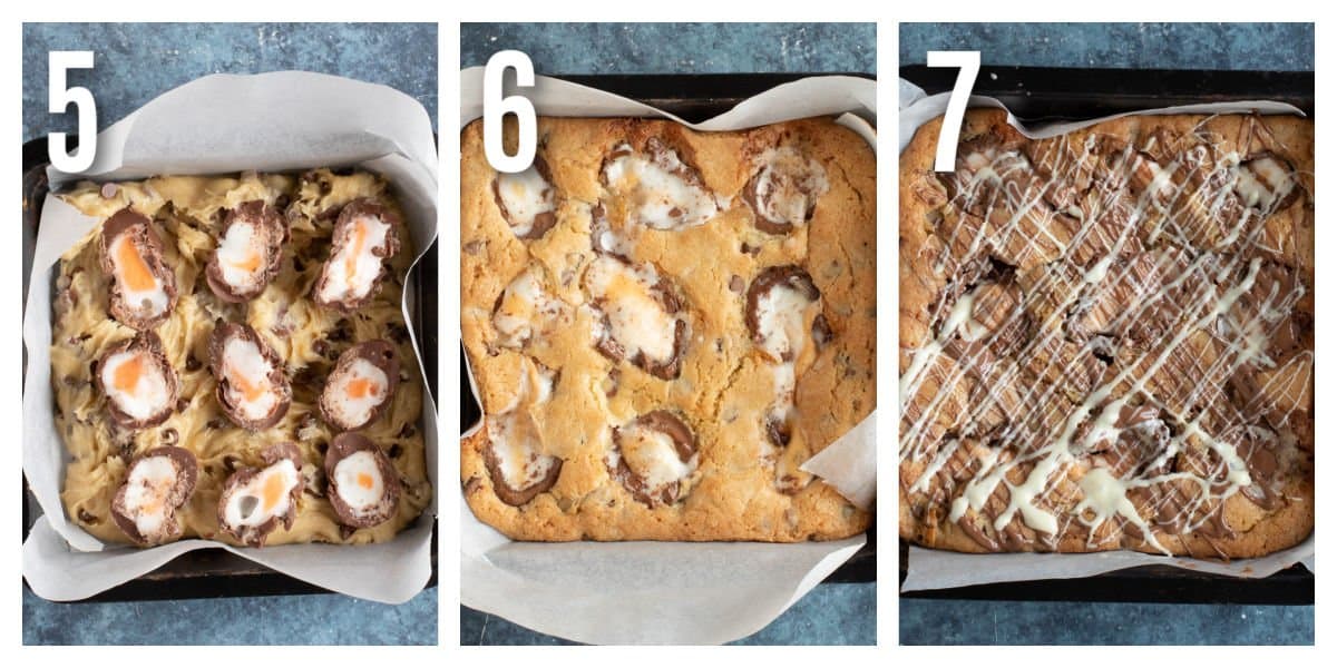 Baked creme egg blondies in baking tin.