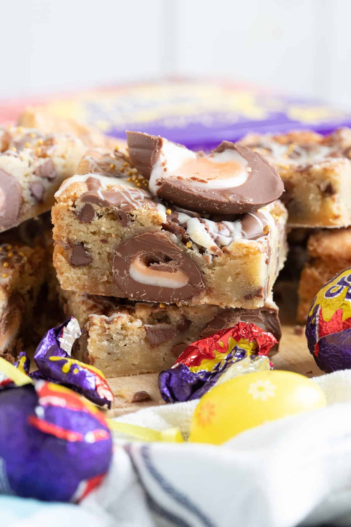 A stack of creme egg blondies.