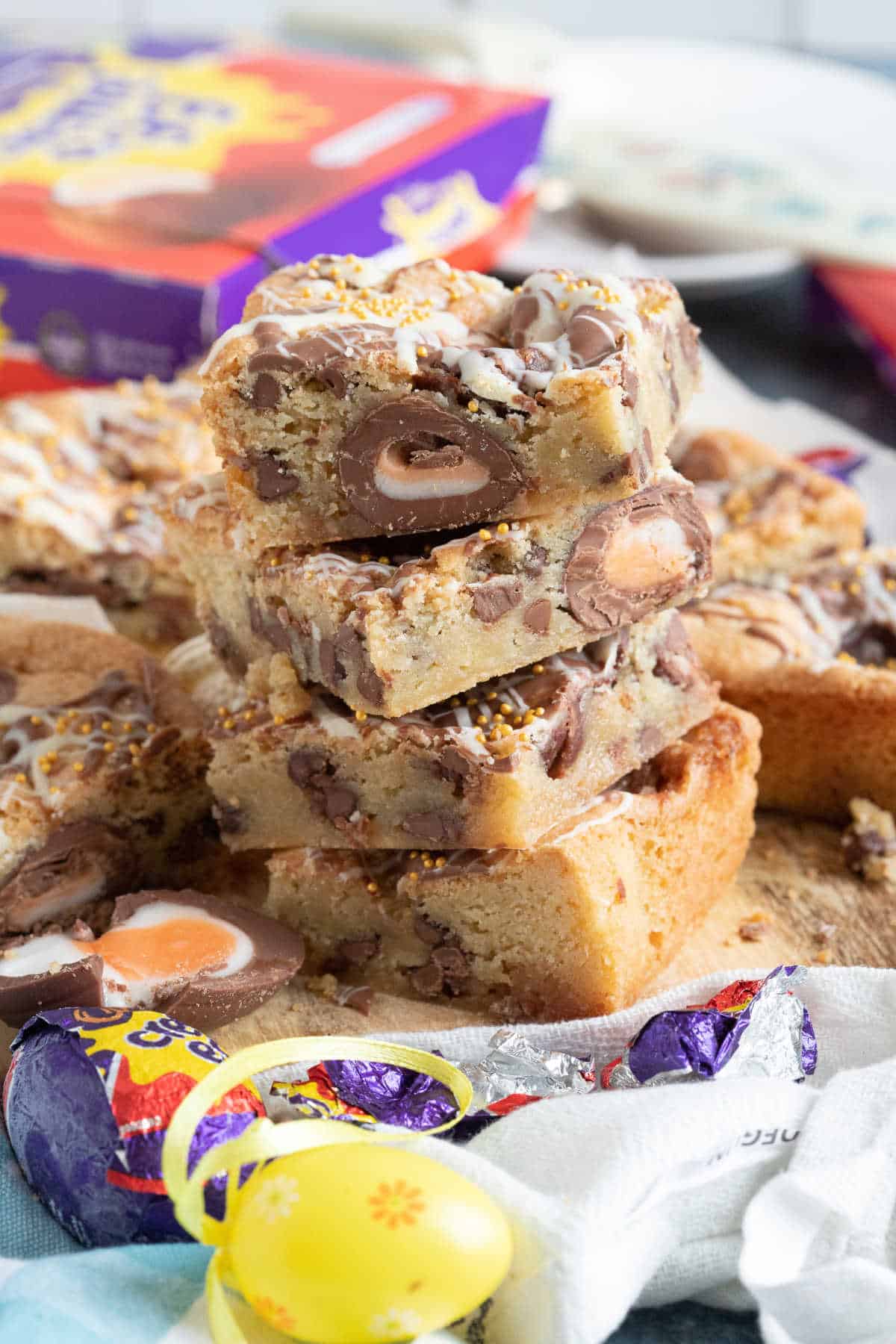 Easter creme egg blondies in a stack.
