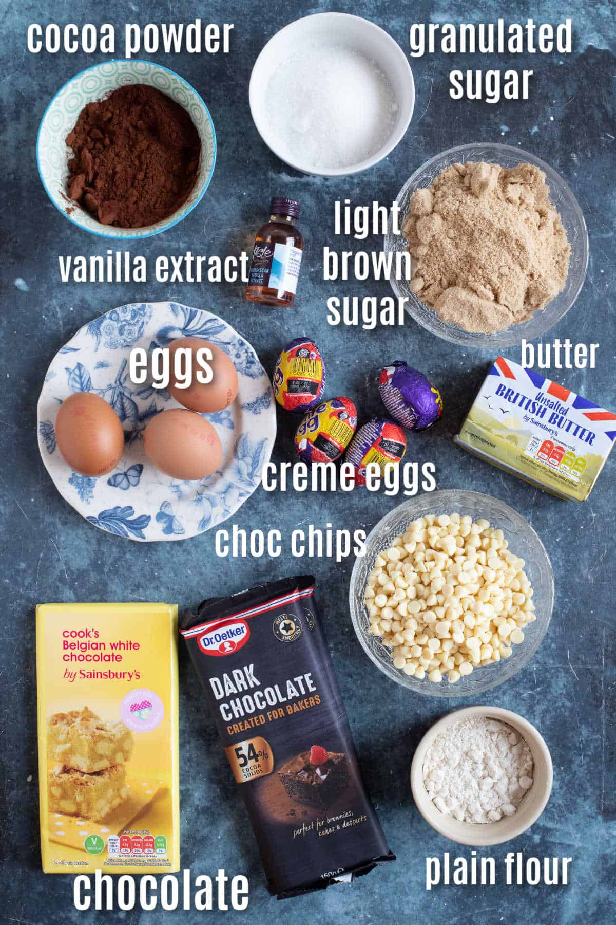 Ingredients needed to make the Cadbury creme egg brownie recipe.