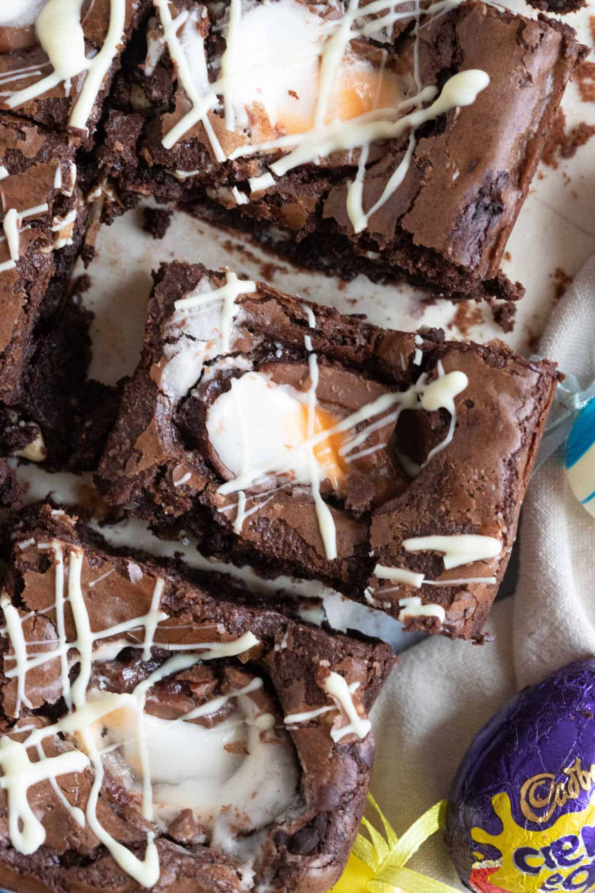 Flatlay photo of a creme egg brownie.