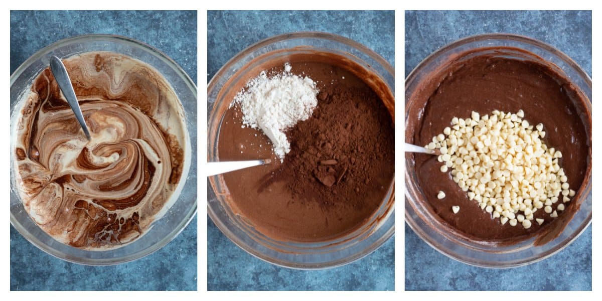 Mixing chocolate brownie batter in a bowl.