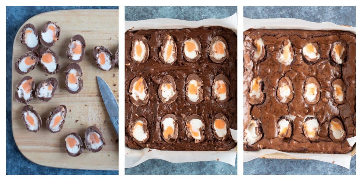 Baking the creme egg brownies in a 23cm brownie tin.