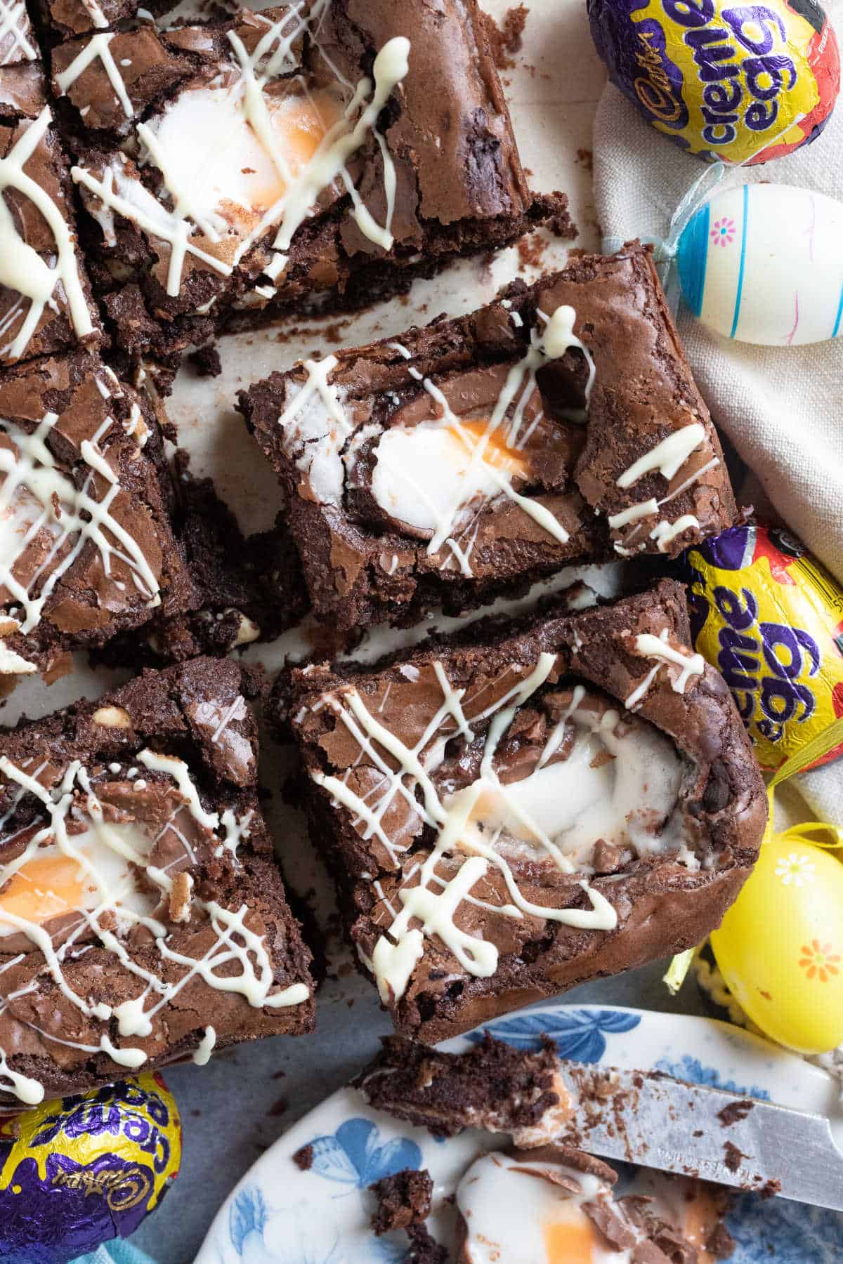 Cadbury creme egg chocolate brownies, sliced into bars.