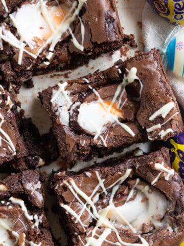 Creme egg brownies cut into bars.