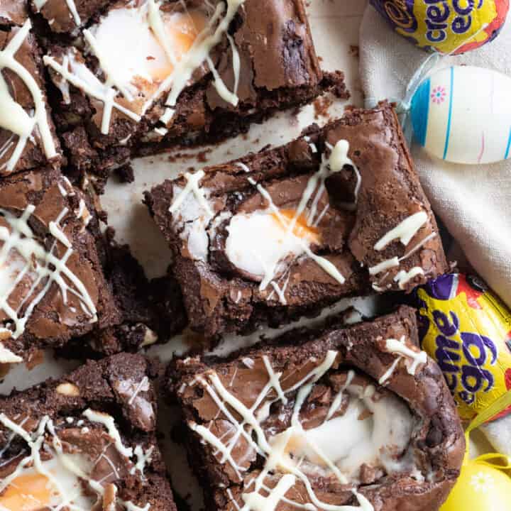 Creme egg brownies cut into bars.