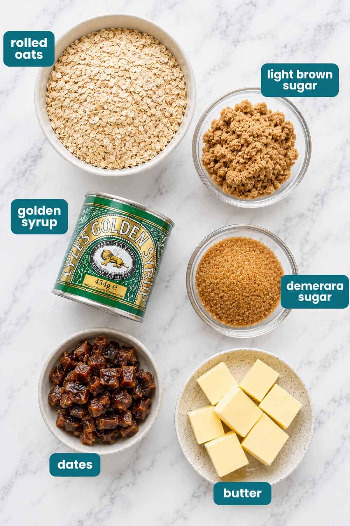 Ingredients for date flapjacks.
