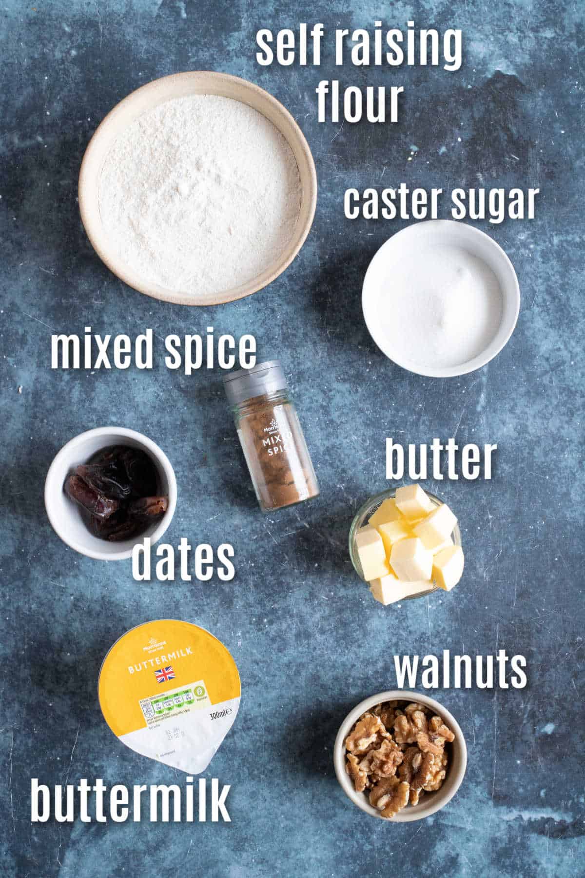 Ingredients needed to make date and walnut scones.