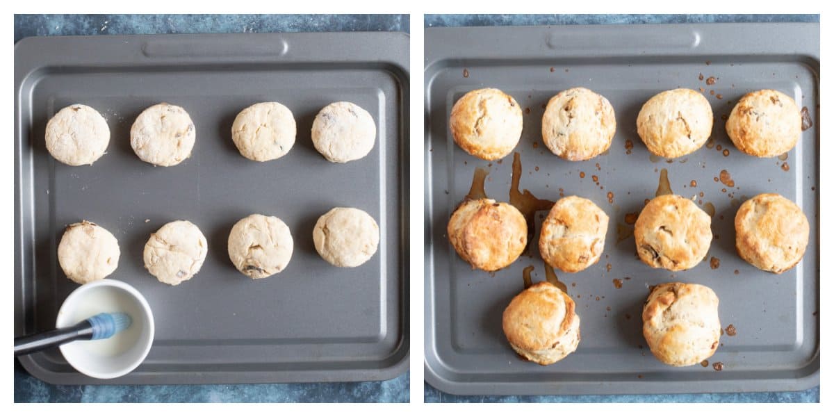 Baked scones on a baking tray.