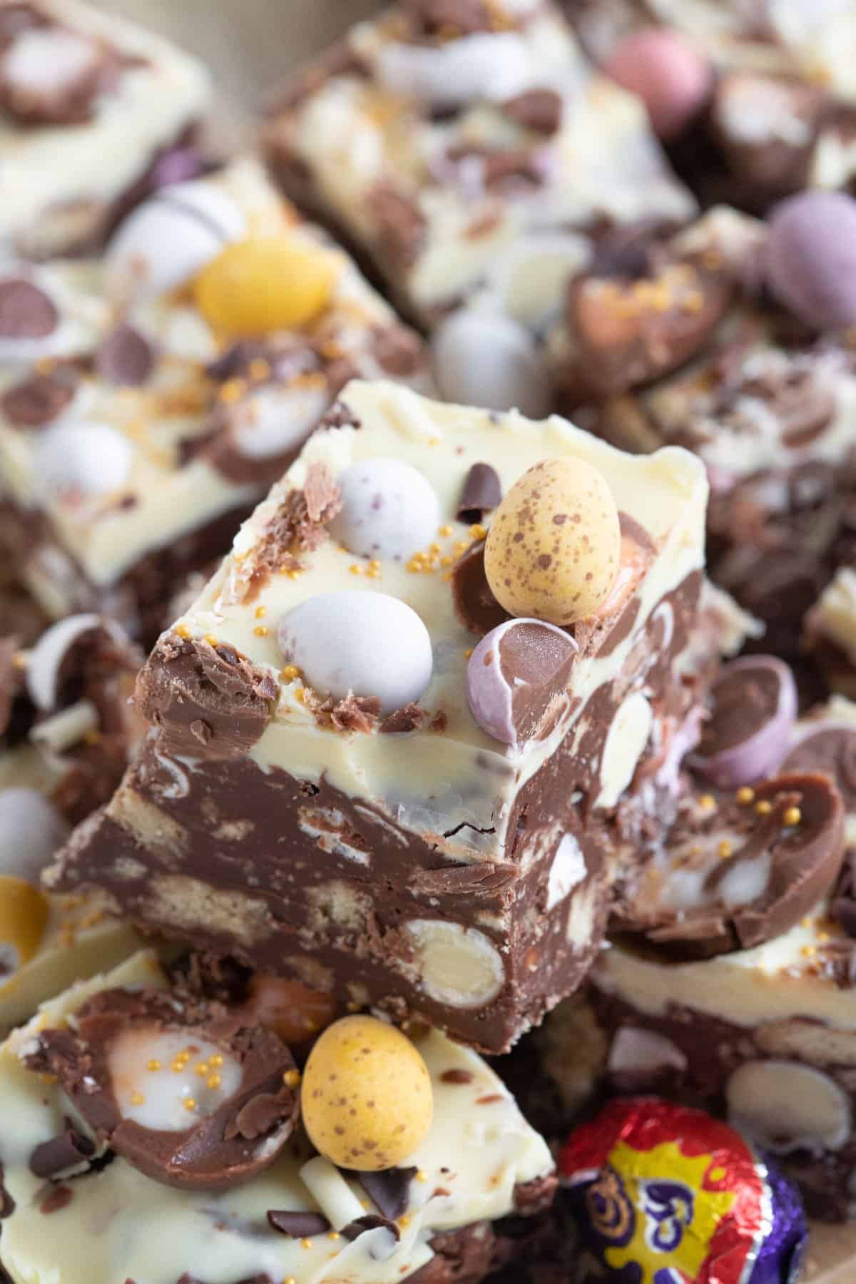 Chunky rocky road bars full of mini eggs.