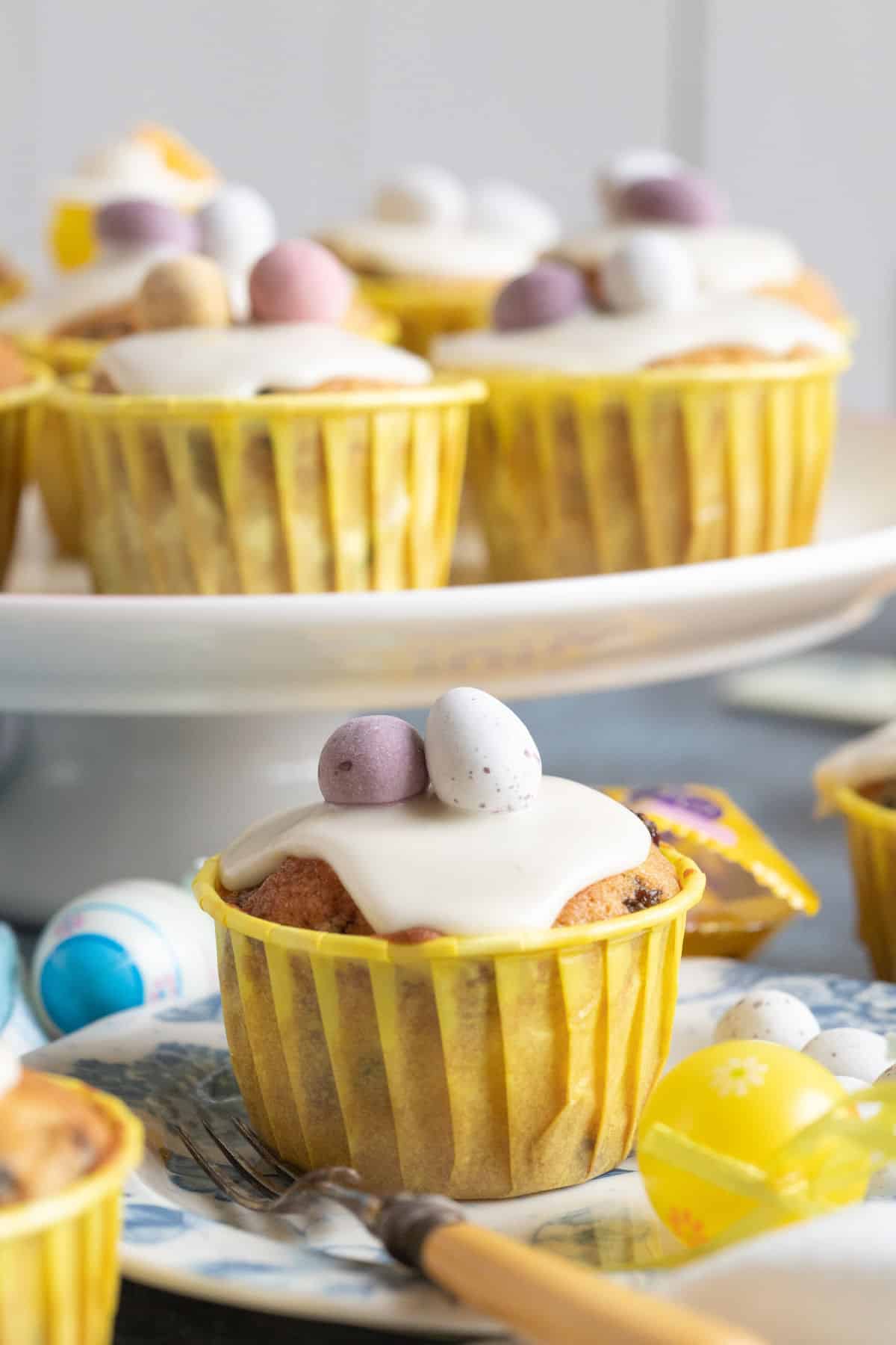 Simnel muffins in yellow muffin cases.