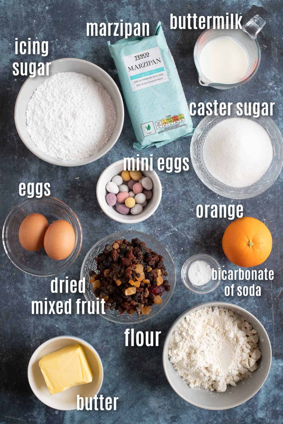 Ingredients to make Easter simnel cake muffins.