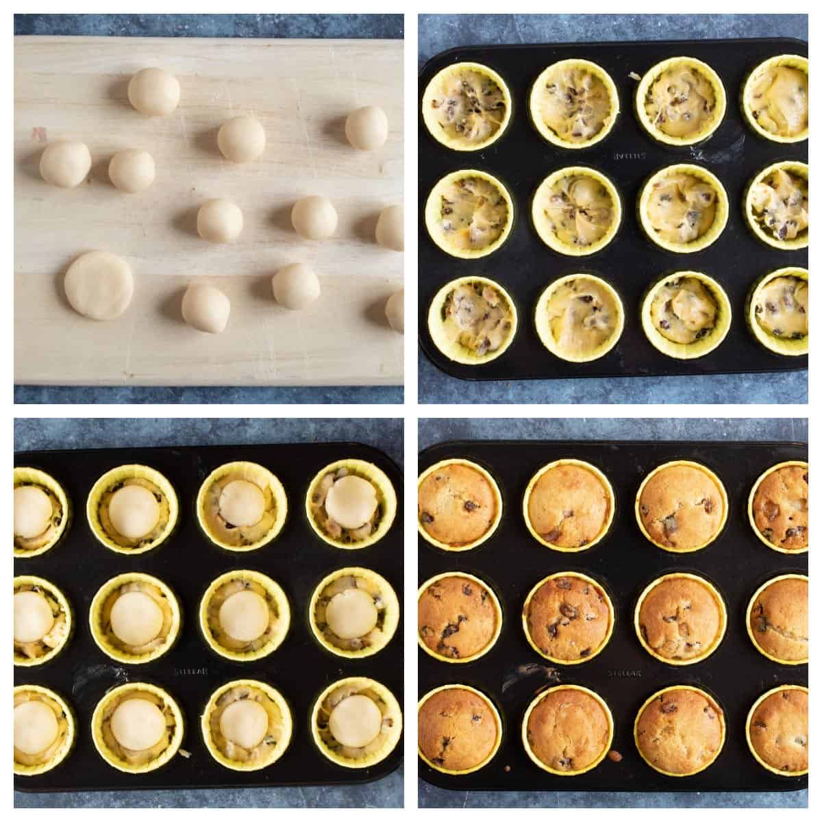 Baking the Simnel muffins in a 12 hole muffin tin.