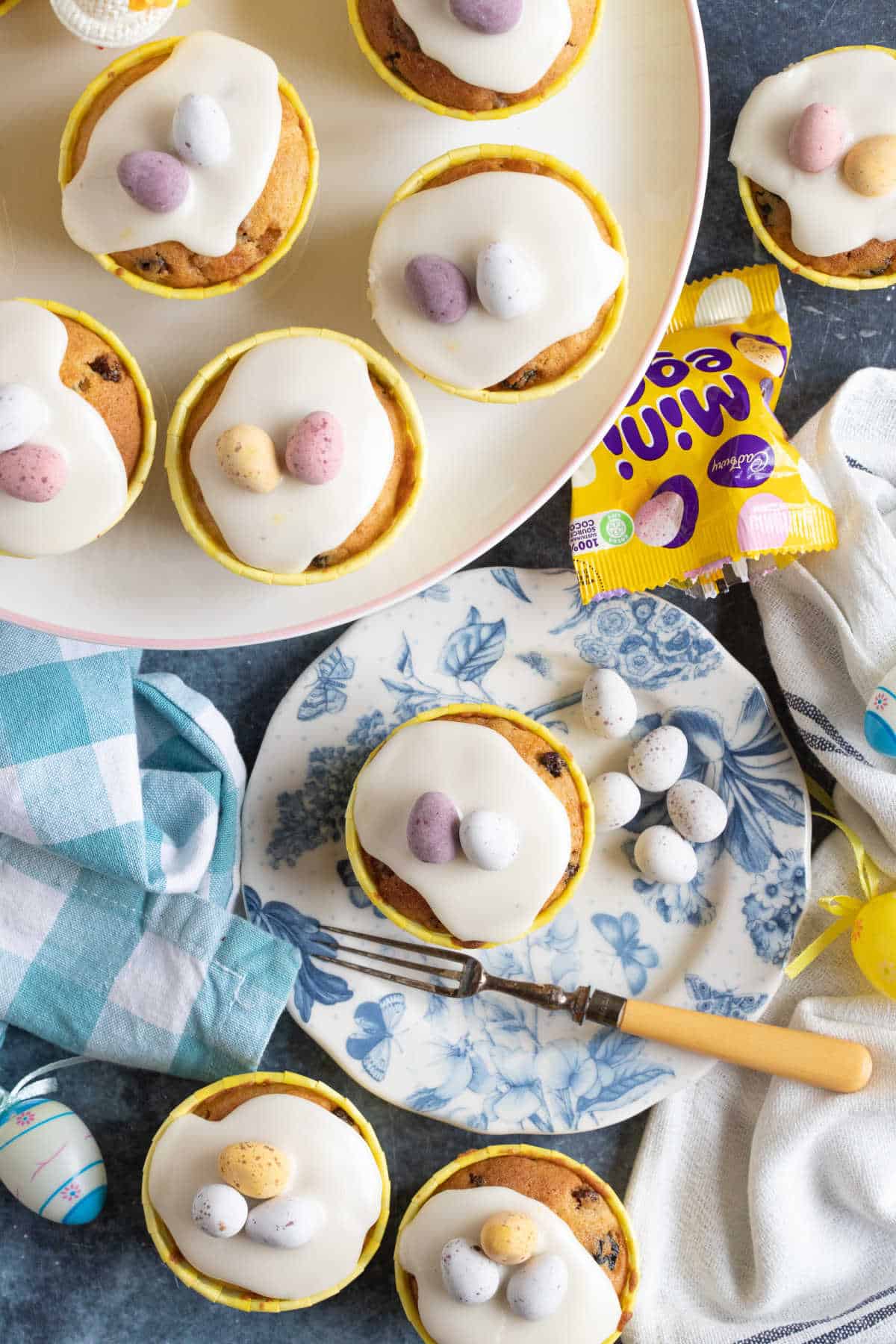 Overhead image of the Simnel muffins on a cake stand.