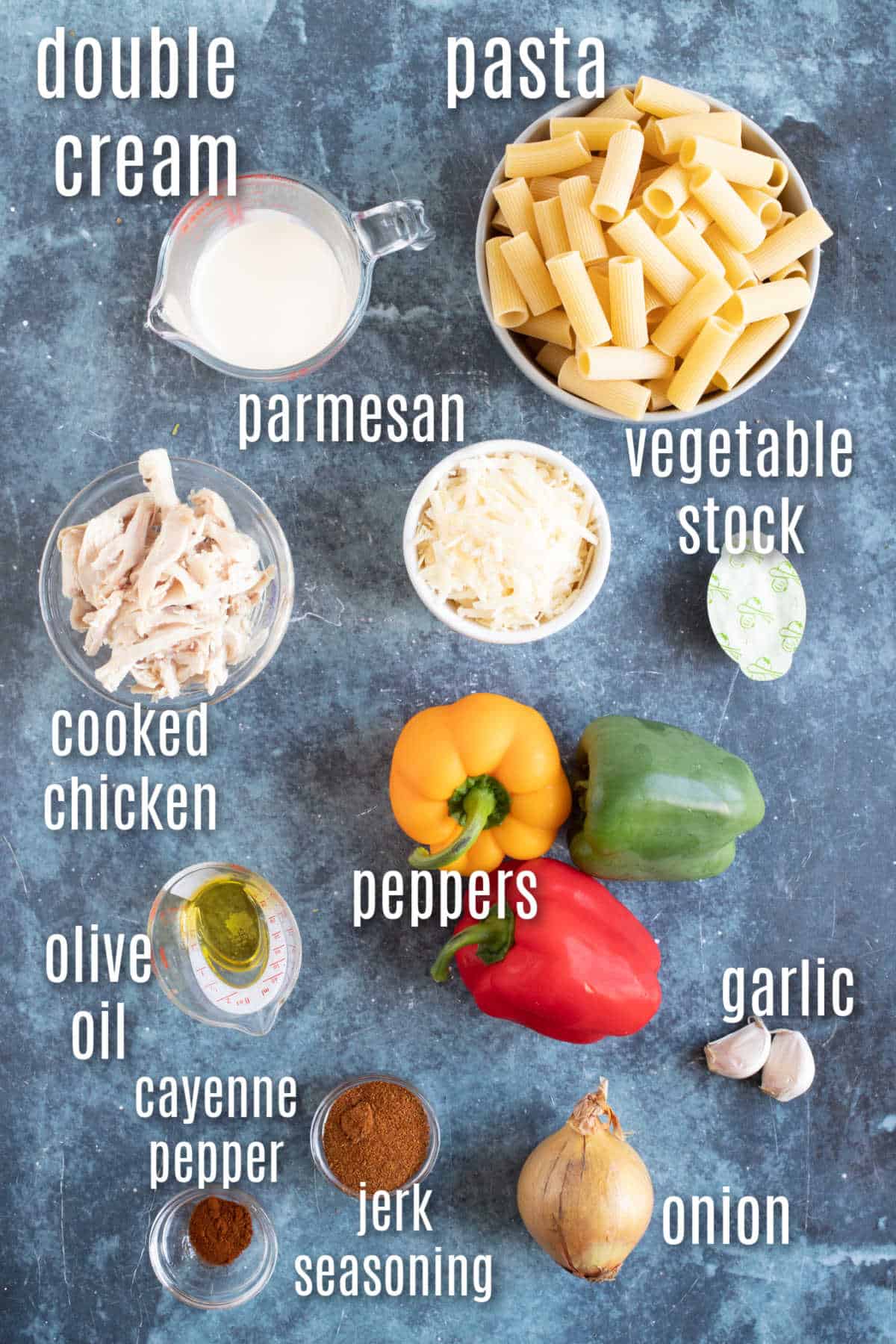 Ingredients needed to make rasta pasta.