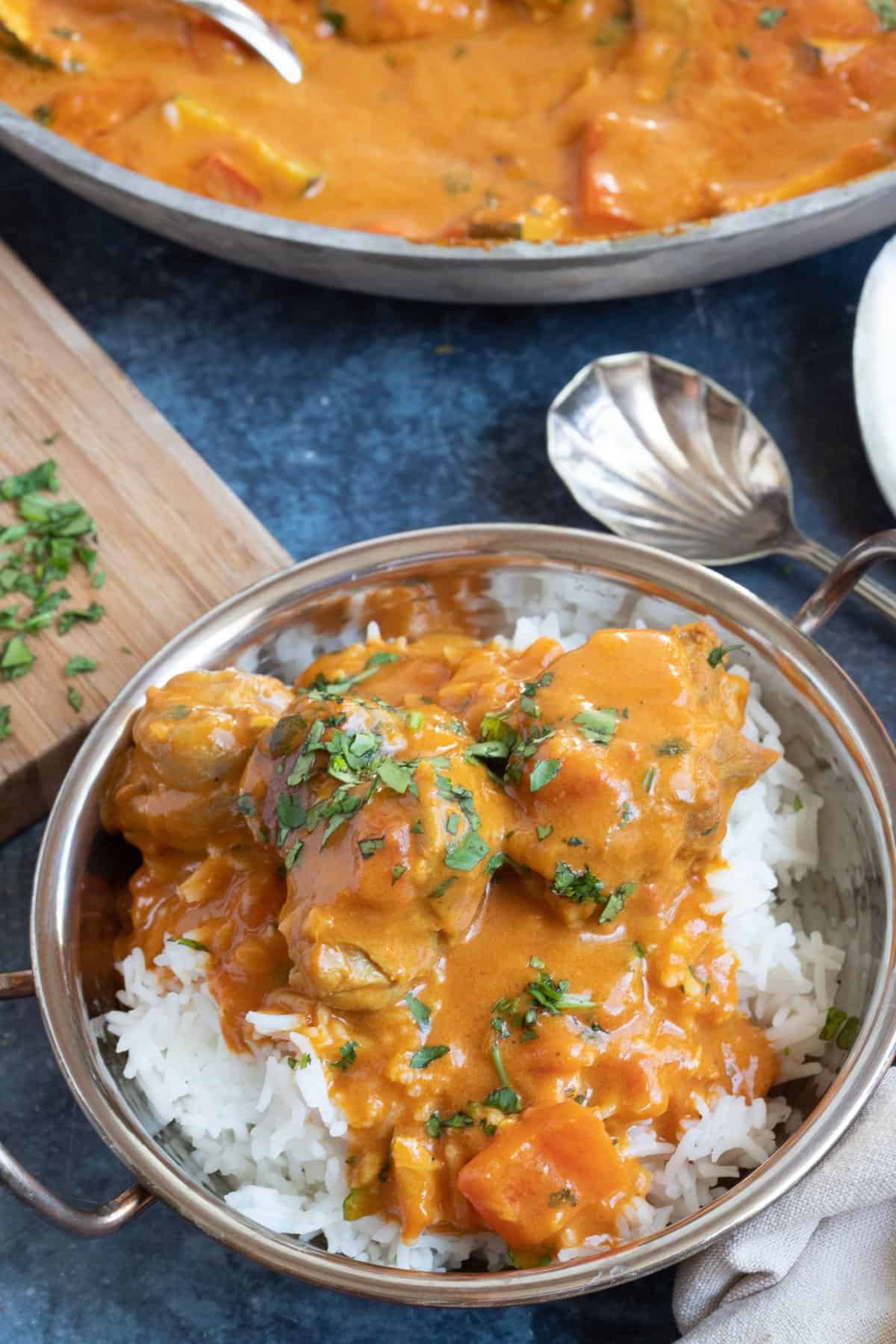 Lamb tikka masala served with rice.