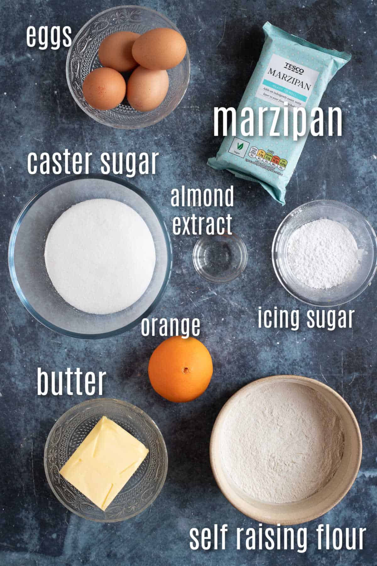 Ingredients for marzipan loaf cake.